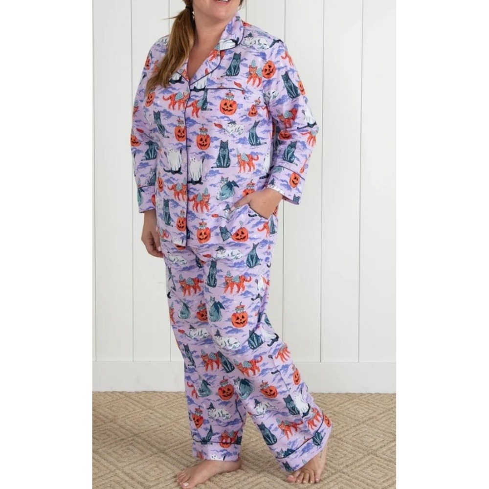 Printfresh Halloween Cats Lavender Pajama Set 1X Long Sleeve Cotton Poplin